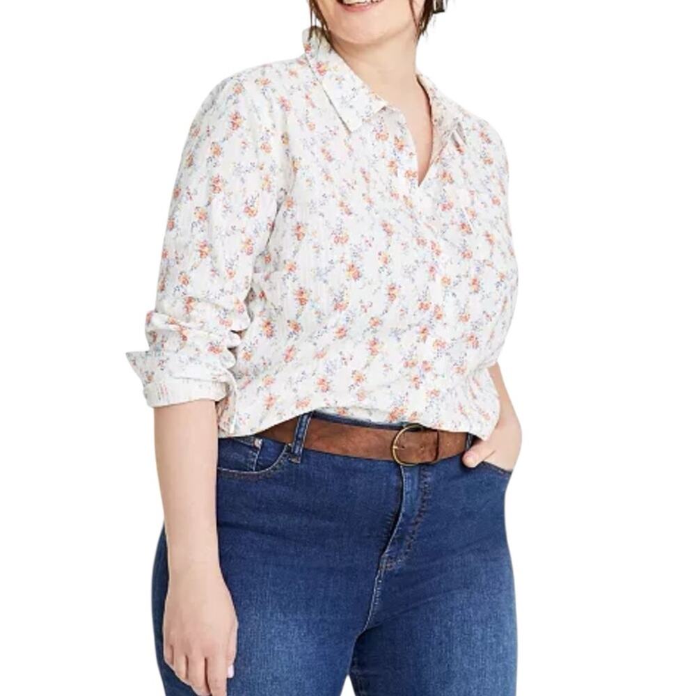 On 34th Plus Size Floral Button Down Shirt 3X Long Sleeve White Pink Blue Top